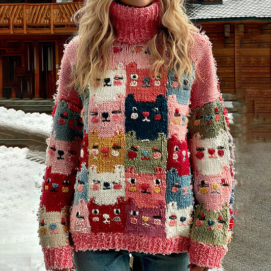 Comstylish Colorful Cats Pattern Art Cozy Knit Turtleneck Sweater