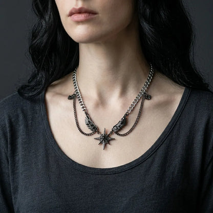 Winged Star Black Crystal Draped Necklace