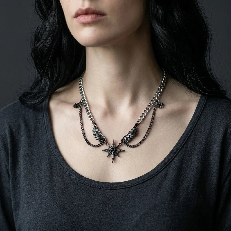 Winged Star Black Crystal Draped Necklace