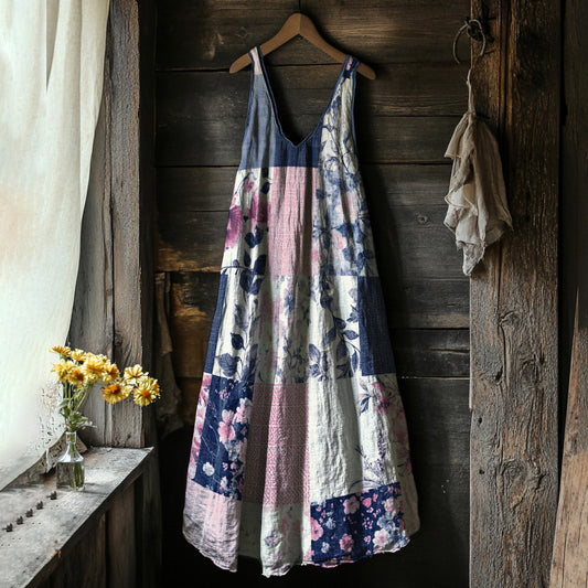Women's Floral Geometry Art Linen Tank Dress artswardrobe