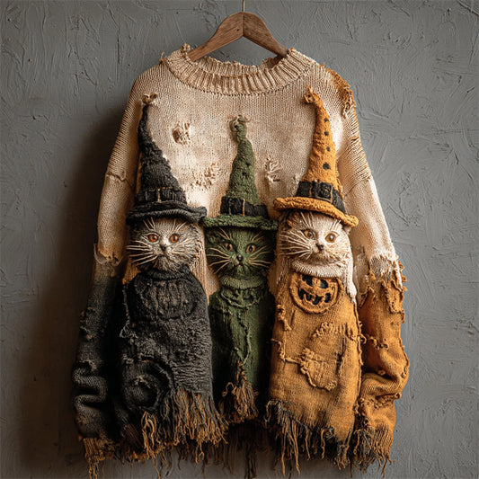 Comstylish Halloween Witch Cats Crochet Distressed Knit Sweater