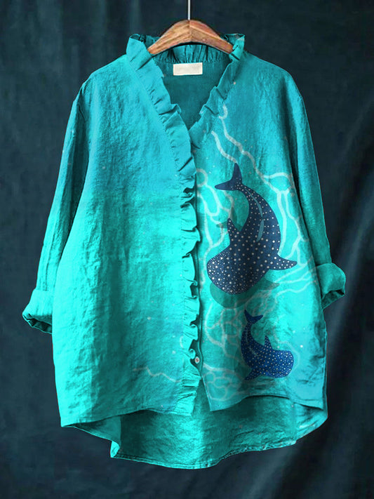 Whale Shark Art Print Ruffled Linen Shirt artswardrobe