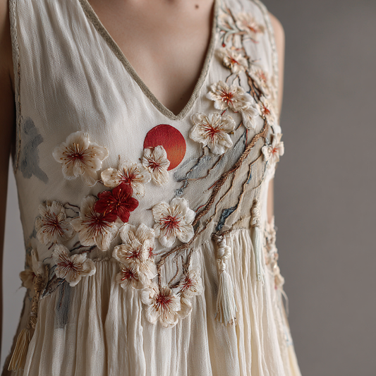 Comstylish Women's Japanese Sakura And Moon Embroidered Sleeveless Tank Top