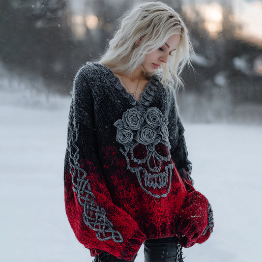 Women's Rose Skull Comfort Gradient V-neck Sweater elevenforest