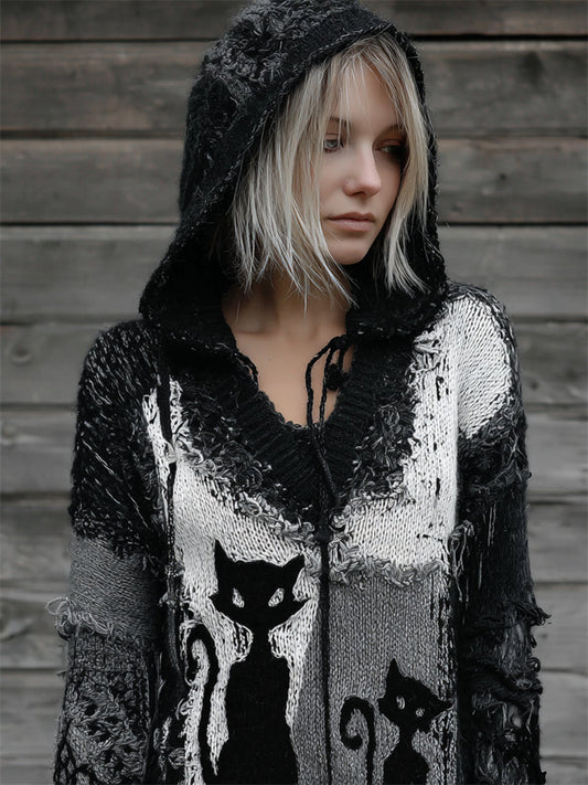 Halloween Spooky Black Cats Frayed Patchwork Knit Hooded Sweater artswardrobe