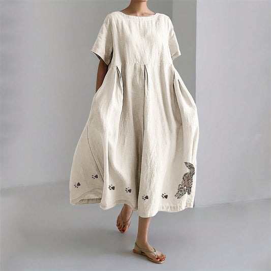 Stretching Cat & Paw Prints Embroidered Linen Blend Maxi Dress elevenforest