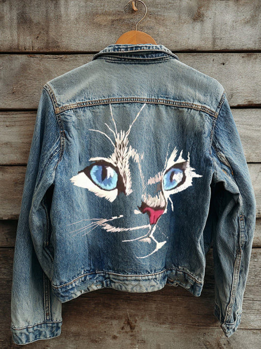 Blue-eyed Cat Embroidery Vintage Denim Jacket elevenforest
