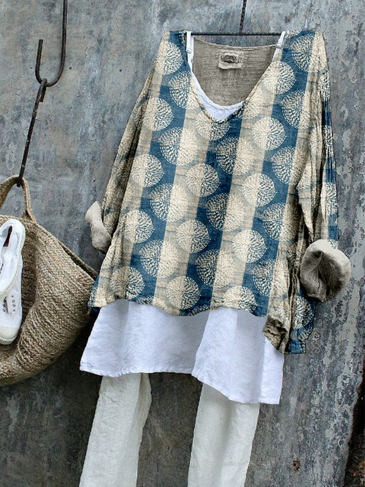 Comstylish Japanese Sashiko Dots with Stripes Art Linen Blend Tunic