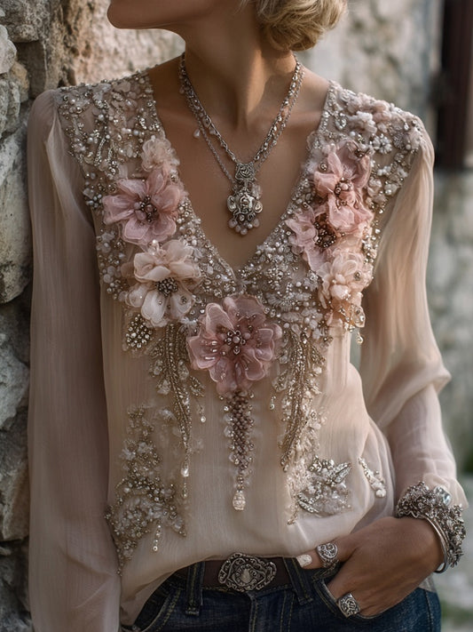 Comstylish Vintage Pink Flowers Embroidered V Neck Linen Shirt