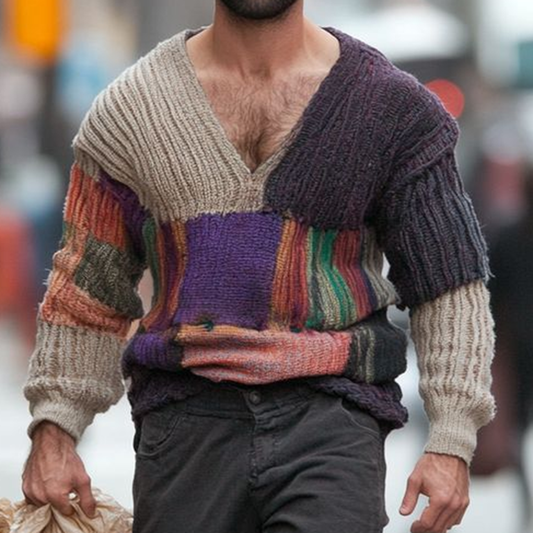Fairman Island Jacquard Patchwork Retro Men's V-Neck Sweater elevenforest