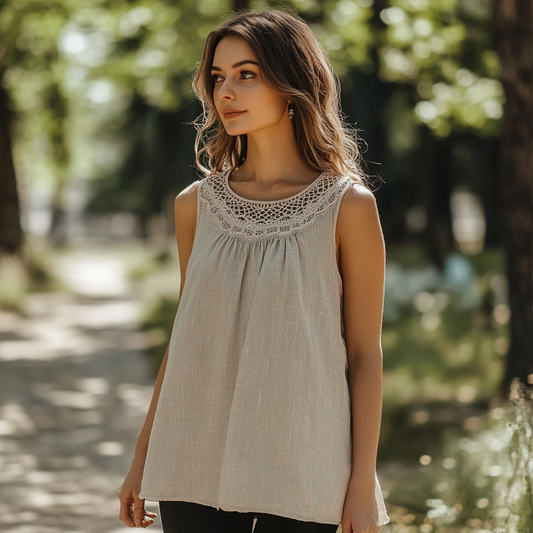 Women's Lace Embroidery Linen Sleeveless Top artswardrobe