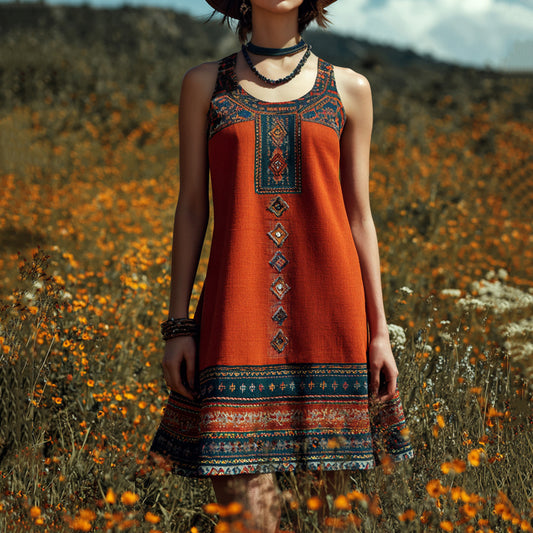 Women's Western Geometric Print Crew Neck Tank Midi Dress artswardrobe
