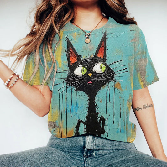 Women's Black Cat Oil Art Painting T-Shirt elevenforest