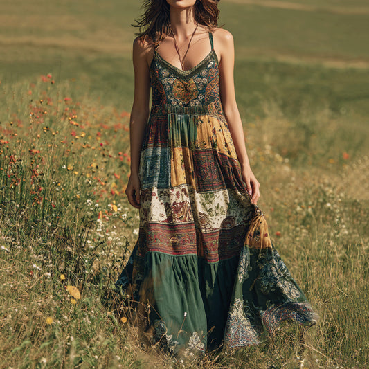 Vintage Bohemian Western Floral Patchwork Print V-neck Suspender Maxi Dress artswardrobe