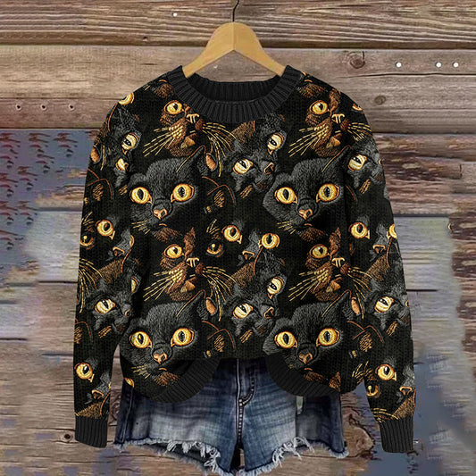 Women's Black Cat Embroidery Art Cozy Knit Sweater elevenforest