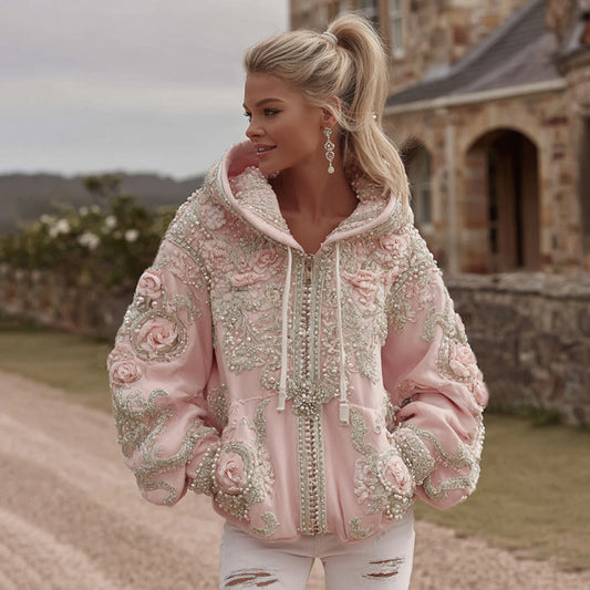 Comstylish Women's Vintage Roses Embroidery Art Zip Up Hoodie