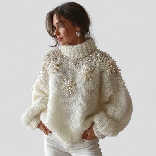 Women's White Christmas Decorations Snoeflake Art High Neck Sweater artswardrobe