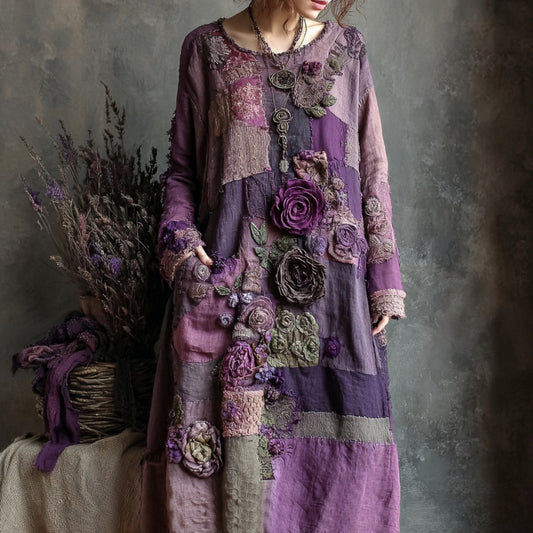 Women's Vintage Floral Patchwork Print V-neck Loose Midi Dress artswardrobe