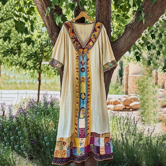 Comstylish Vintage Patchwork Art Linen Short Sleeve Tank Dress
