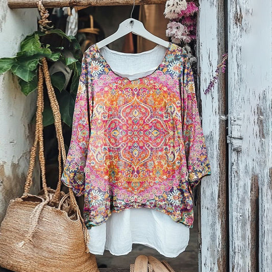 Vintage Bohemian Ethnic Print V-neck Cotton Line Blouse artswardrobe