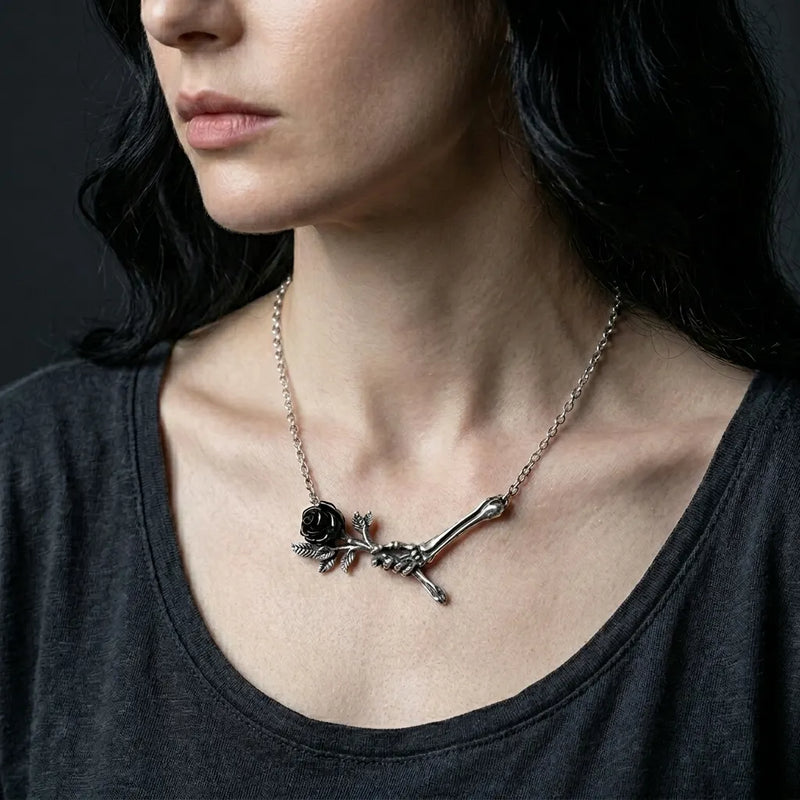 Bone Hand Cursed Rose Necklace