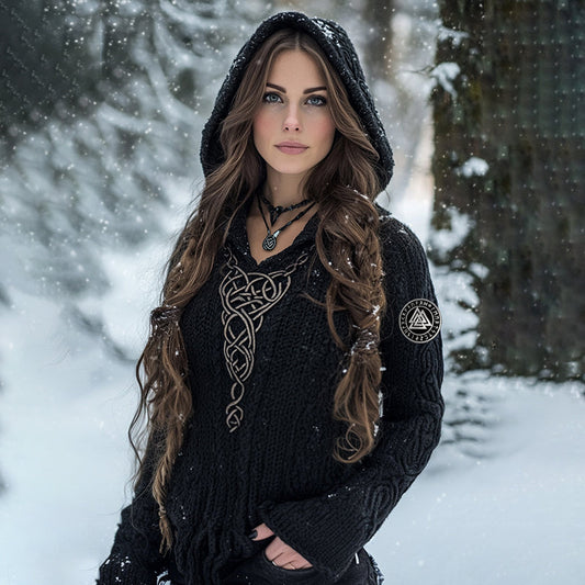 Women's Vintage Viking Totem Celtic Knot Pocket Hooded Sweater elevenforest