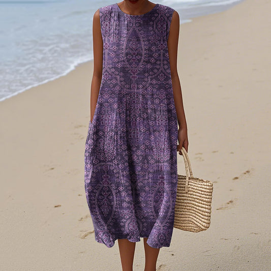 Women's Vintage Purple Floral Linen Maxi Dress artswardrobe