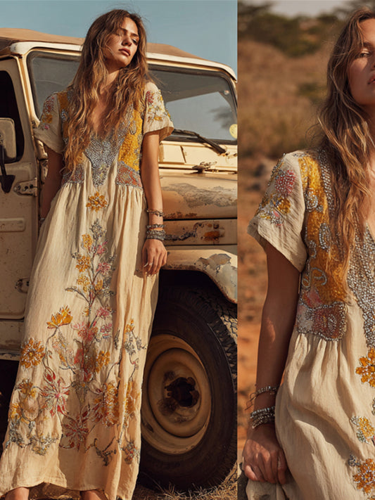 Bohemian Western Style Floral Green Leaf Vintage Embroidery V-neck Short Sleeve Long Dress artswardrobe