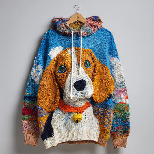 Cute Puppy Art Print Knitted Warm Hooded Sweater artswardrobe