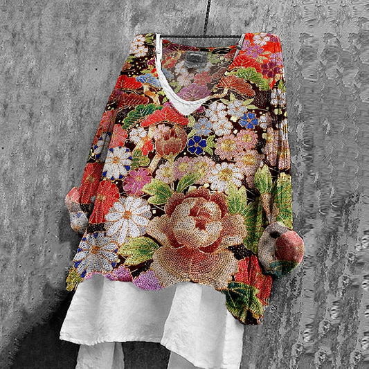 Comstylish Women's Japanese Flower Art V-neck Linen Blend Shirt