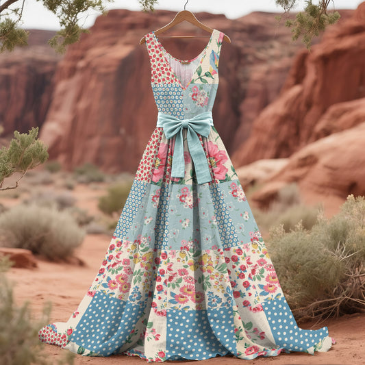 Women's Vintage Floral Patchwork Art Linen Tank Midi Dress（belt Not Included） artswardrobe