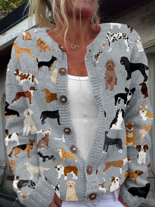 Comstylish Lots Of Breeds Dog Graphic Cozy Knit Cardigan