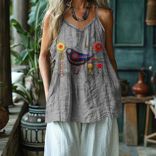 Women's Floral And Bird Embroidery Art Cotton And Linen Vest artswardrobe