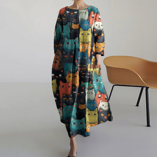Comstylish Women's Colorful Cat Print Crew Neck Dress