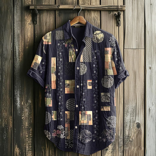 Men's Retro Floral Geometry Art Linen Casual Shirt artswardrobe