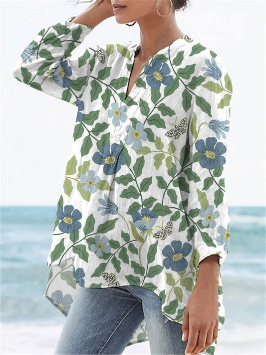 Women's Vintage Lovely Floral Art Print Casual Linen V-neck Shirt
