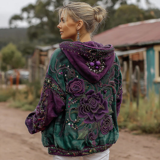 Women's Retro Purple Rose Contrast Pattern Casual Hoodie artswardrobe