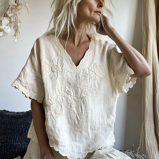 Comstylish Vintage Floral Art Cotton Linen Comfy Shirt