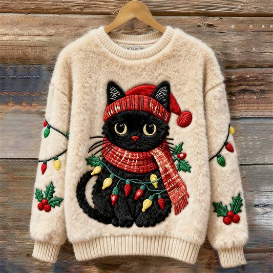 Christmas Lights Cat Women's Cozy Plush Sweater elevenforest