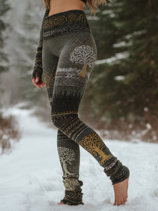 Comstylish Women's Viking Style Golden Tree Of Life Celtic Knot Patterned Art Leggings