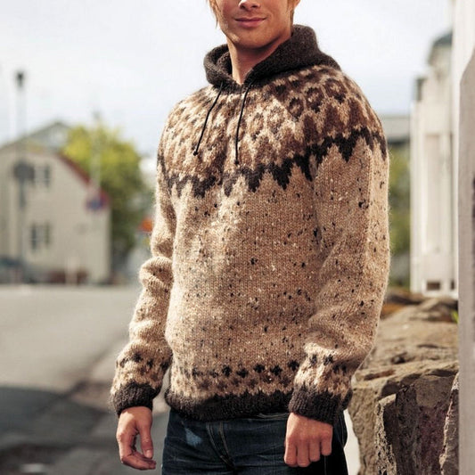 Retro Iceland Jacquard Geometric Knit Hooded Sweater elevenforest