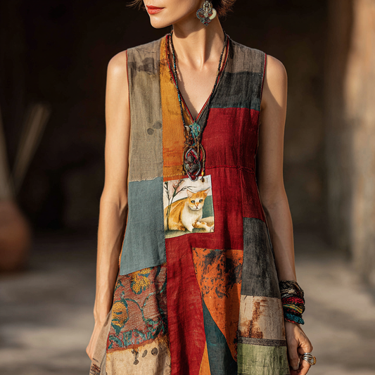 Comstylish Women's Vintage Floral Cat Oil Painting Art Patchwork Sleeveless Dress