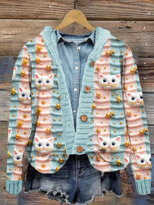 Comstylish Pastel Christmas Cat Embroidery Pattern Cozy Knit Cardigan