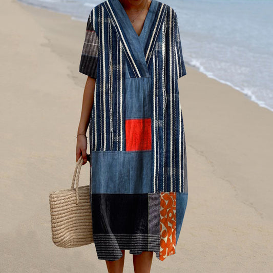 Comstylish Women's Geometric Stripes Stitching Art Linen V-neck Dress