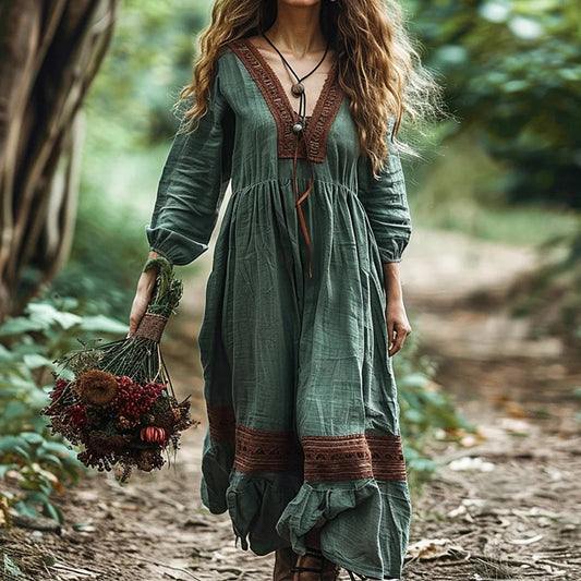 Women's Boho Linen Blend Ethnic Midi Dress artswardrobe