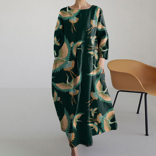 Comstylish Japanese Art Crane Print Casual Midi Dress