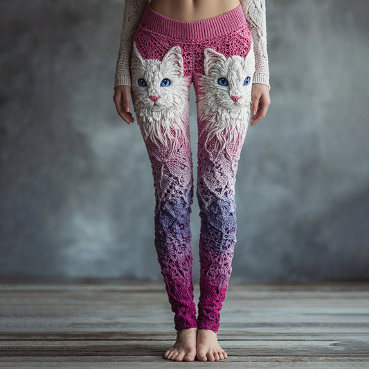 Women's Cute Cat Face Embroidered Gradient Cozy Knit Leggings elevenforest