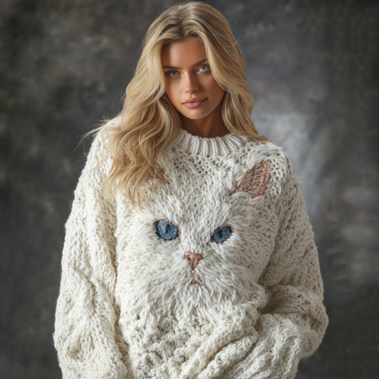 Comstylish Women's Cute Cat Face Embroidered Cozy Knit Pullover Sweater