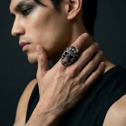 Skull Ring with Ornate Dragon and Filigree Detail