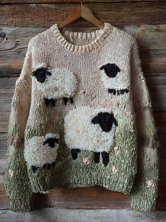 Cute Fuzzy Blacknose Sheep  Embroidered Cozy Knit Sweater elevenforest